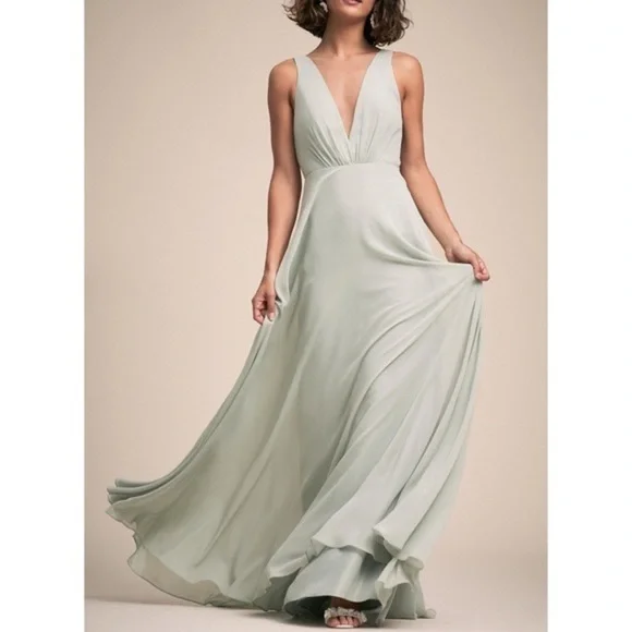 Jenny Yoo Bridesmaid Dress Ryan Morning Mist Blue Green Size 6 Maxi Formal  Gown